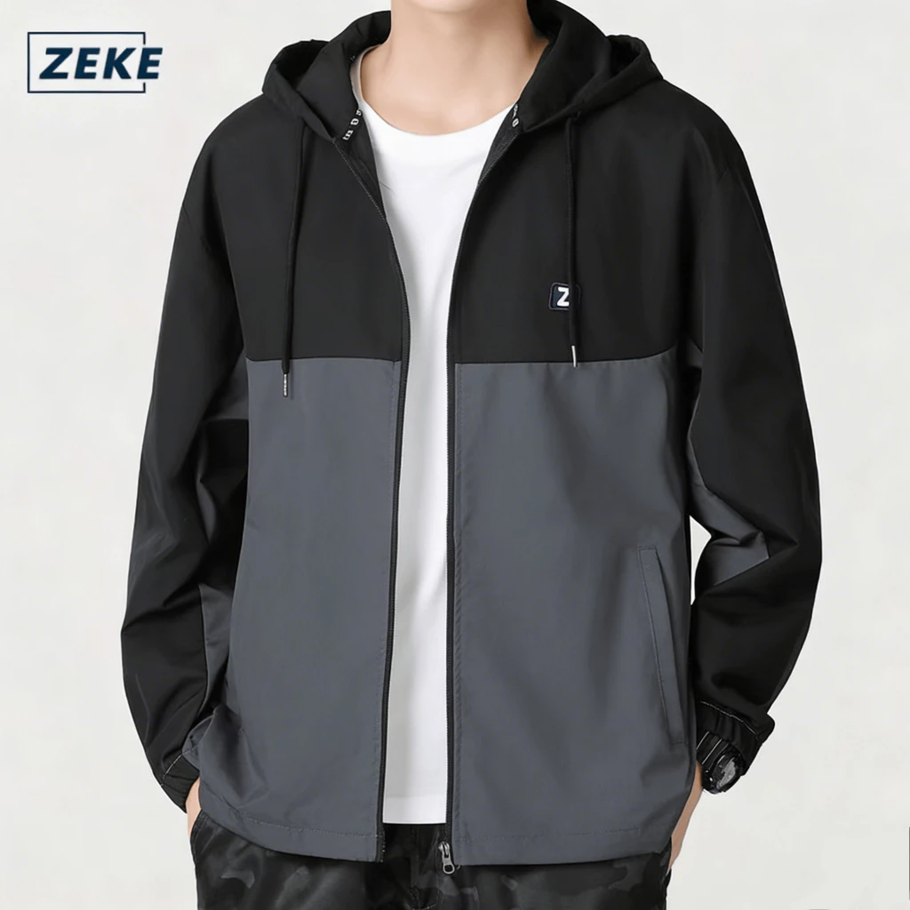 ZEKE C0047 Men's Waterproof Hooded Jacket Embroidered Logo Raglan Sleeve Tops Lelaki Lengan Panjang